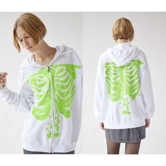 Urban Outfitters Project Social T Skeleton Hoodie Small Medium Zip Up Sweatshirt - Picture 1 of 12